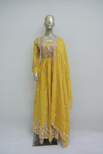 Load image into Gallery viewer, Bright yellow one piece with multicolour thread work