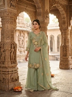 Load image into Gallery viewer, Sage Green Floral Embroidered Sharara Suit Set
