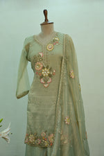 Load image into Gallery viewer, Sage Green Floral Embroidered Sharara Suit Set