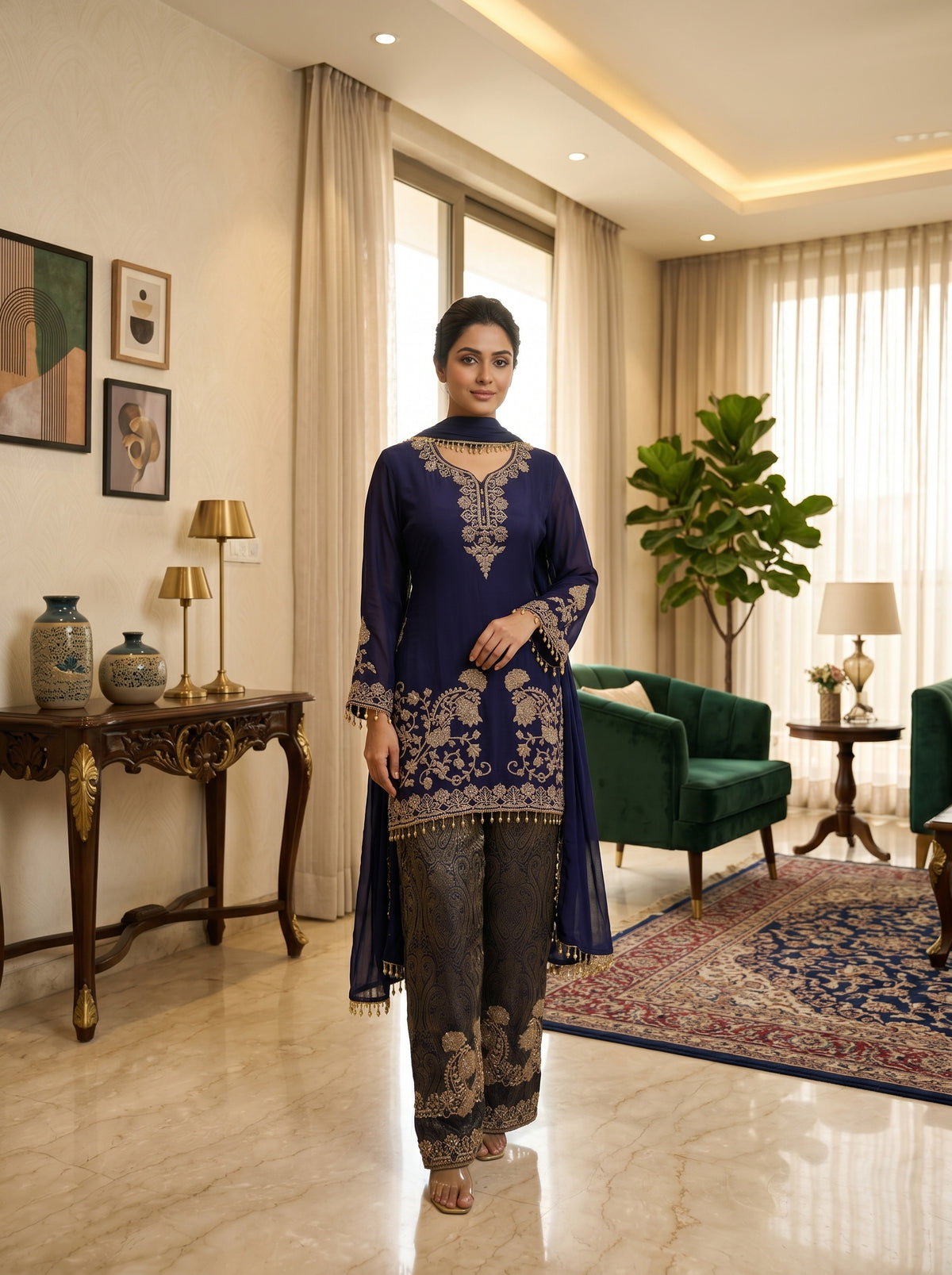 Navy kurta embroidered sharara set