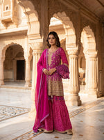 Load image into Gallery viewer, Rani Pink Bandhani Embroidered Indo-Western Sharara Suit
