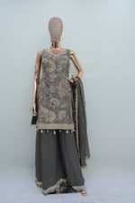 Load image into Gallery viewer, Grey sharara suit with applique and jari work