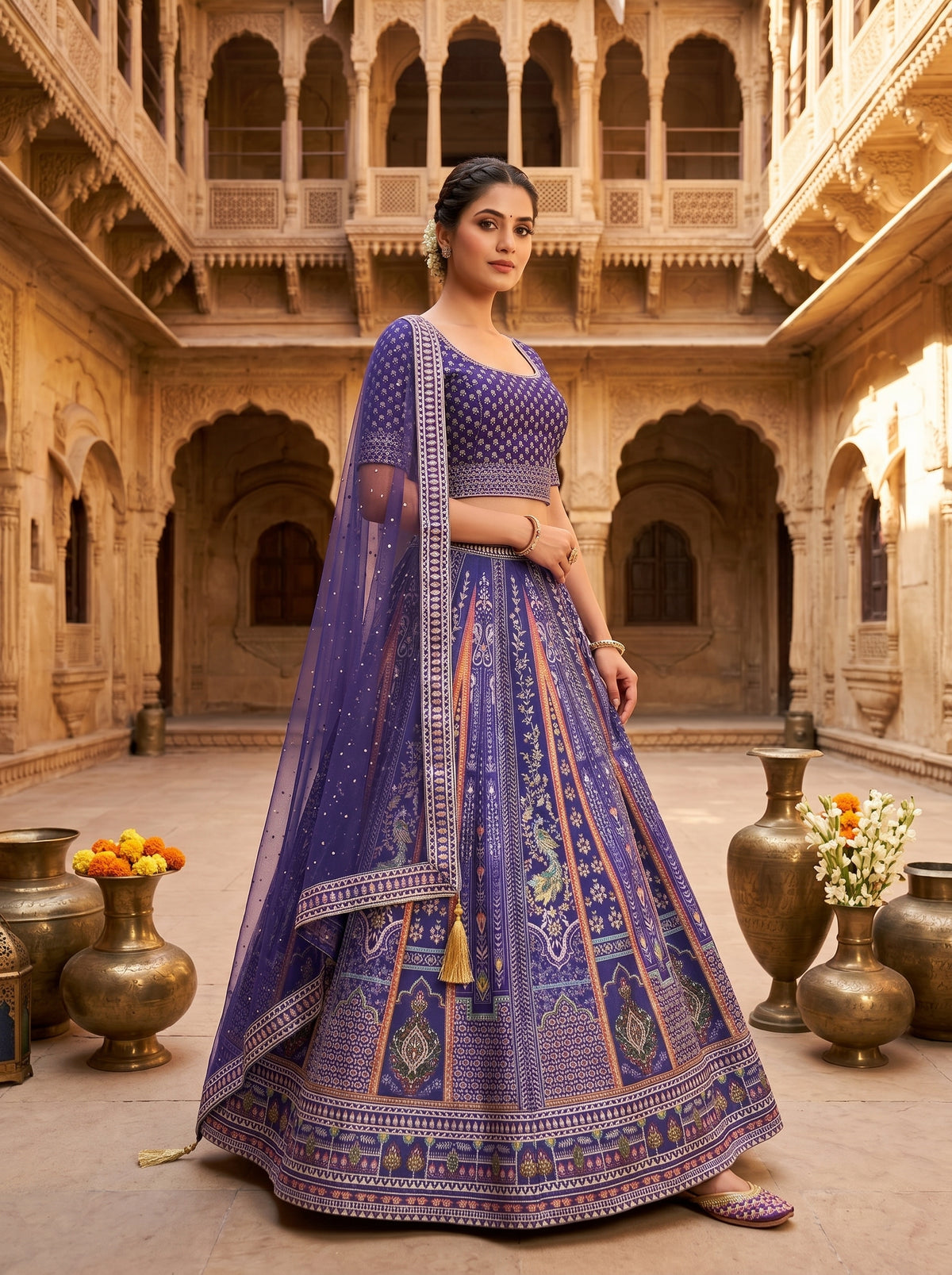Royal blue lehenga set with net dupatta