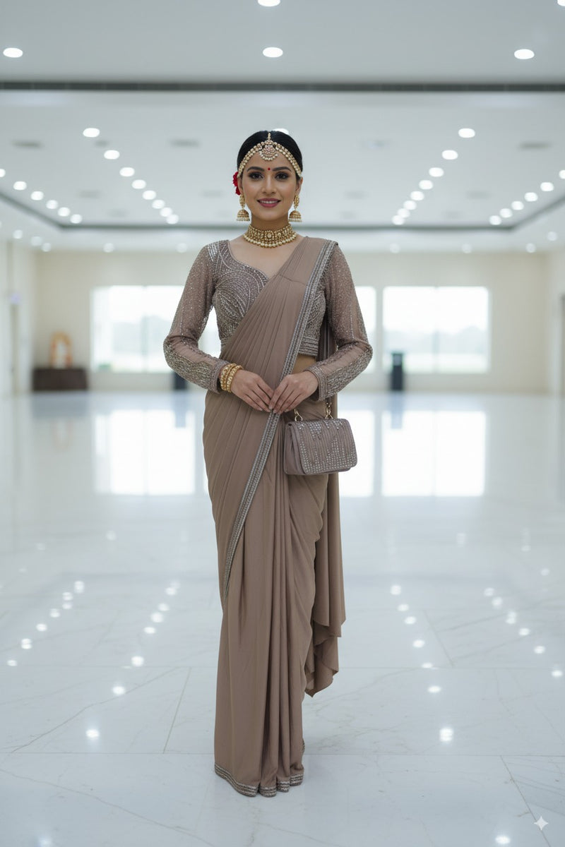 Indo Western Saree  Crap Stretchable fabric  Copper shade  Crystal beats pack 