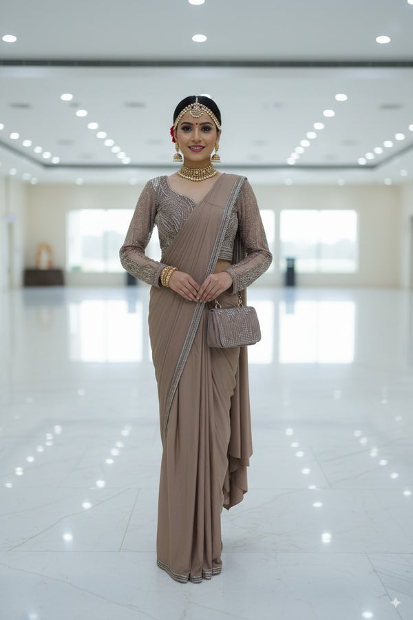 Indo Western Saree  Crap Stretchable fabric  Copper shade  Crystal beats pack 