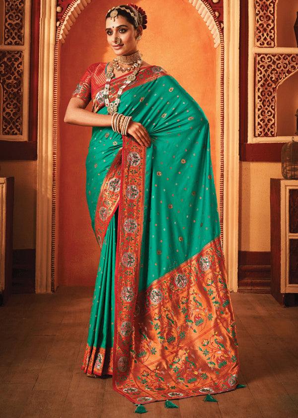 Antique Green Woven Paithani Silk Saree