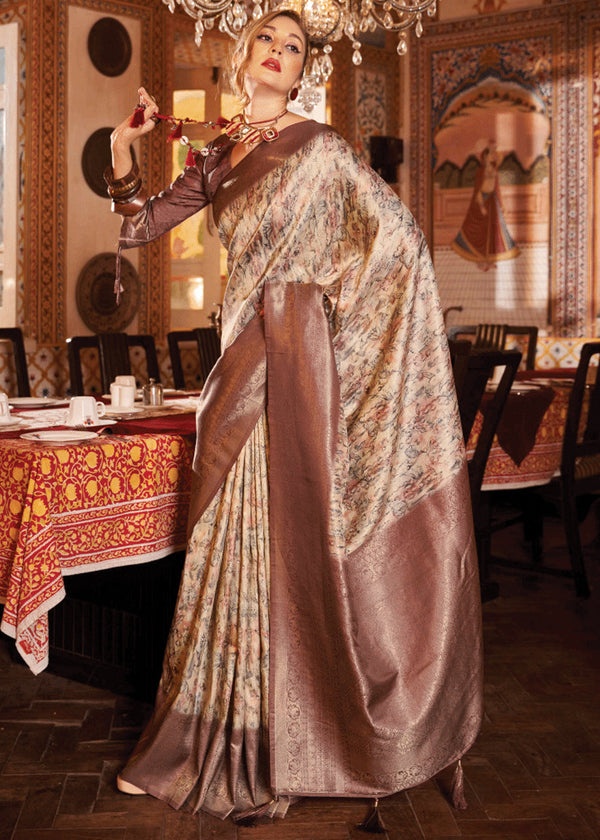 Coffee Brown Banarasi Silk Saree With Digital Print