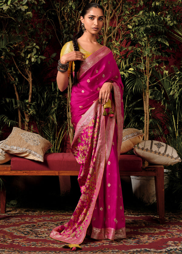 Magenta Pink Woven Banarasi Silk Saree With Brocade Blouse
