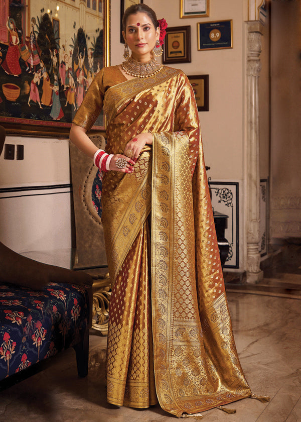 Copper Brown Woven Banarasi Brocade Tissue Silk Saree
