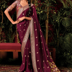 Wine Maroon Woven Banarasi Silk Saree With Brocade Blouse