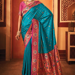 Teal Blue Woven Paithani Silk Saree