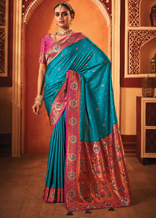 Teal Blue Woven Paithani Silk Saree