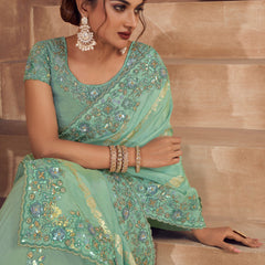 Tea Green Heavy Embroidered Designer Silk Saree