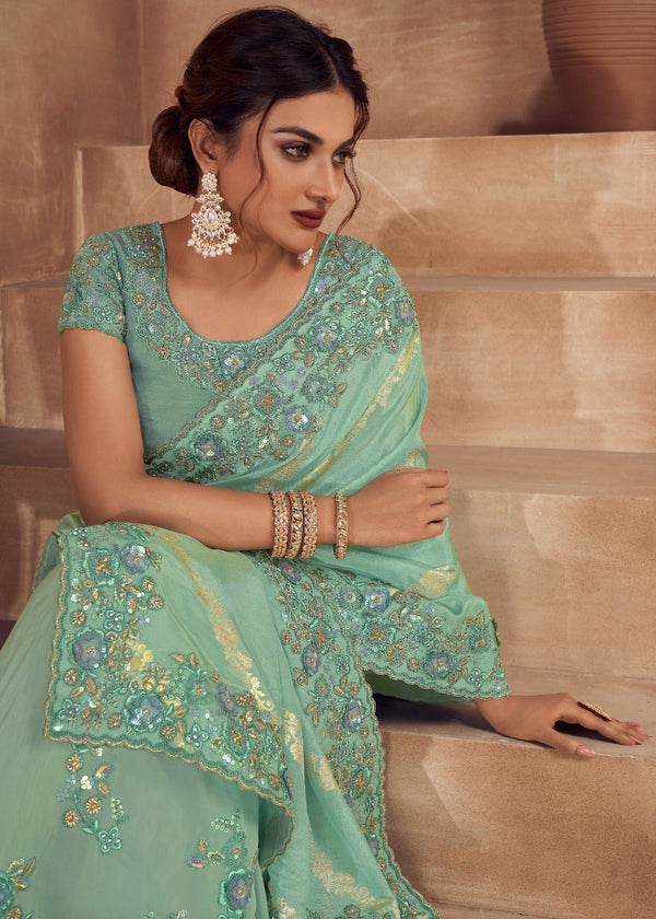 Tea Green Heavy Embroidered Designer Silk Saree