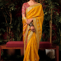 Saffron Yellow Woven Banarasi Silk Saree With Brocade Blouse