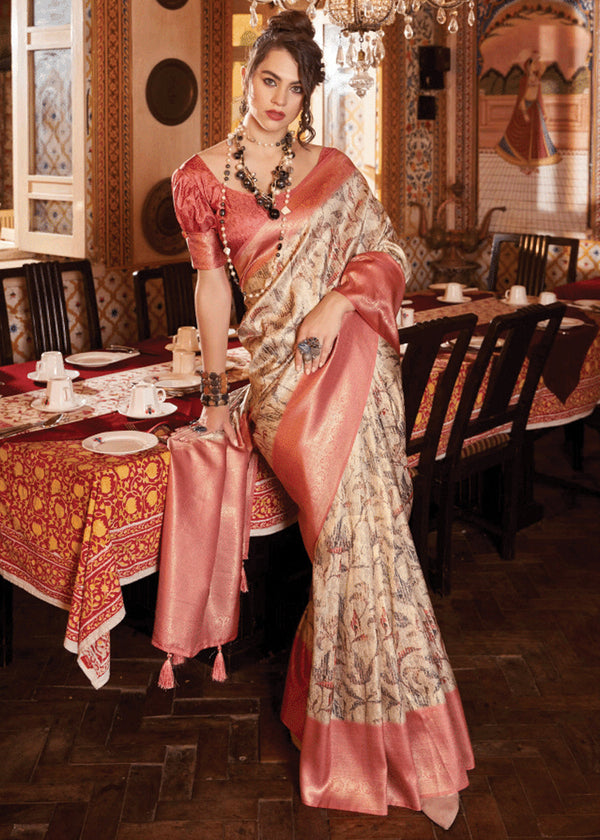Sand Beige Banarasi Silk Saree With Digital Print
