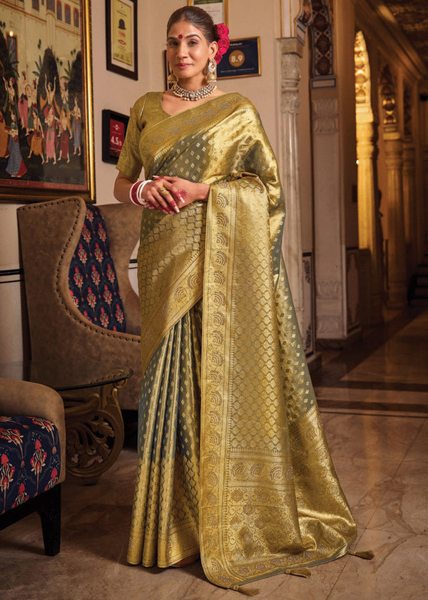 Sage Green Woven Banarasi Brocade Tissue Silk Saree
