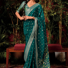 Antique Green Woven Banarasi Silk Saree With Brocade Blouse
