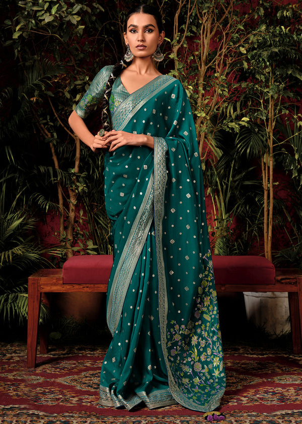 Antique Green Woven Banarasi Silk Saree With Brocade Blouse