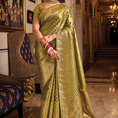 Mehndi Green Woven Banarasi Brocade Tissue Silk Saree