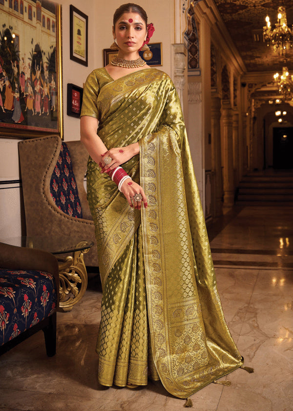 Mehndi Green Woven Banarasi Brocade Tissue Silk Saree