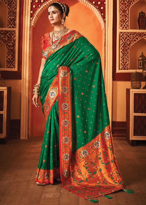 Festive Green Woven Paithani Silk Saree