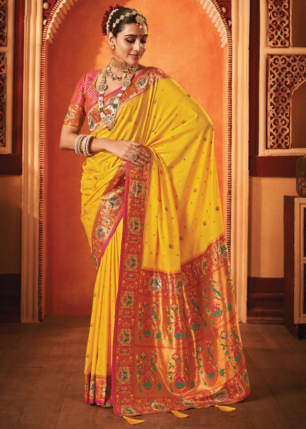Vibrant Yellow Woven Paithani Silk Saree