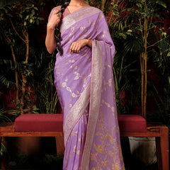 Pastel Purple Woven Banarasi Silk Saree With Brocade Blouse