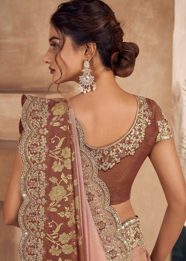 Coffee Brown Heavy Embroidered Designer Silk Saree