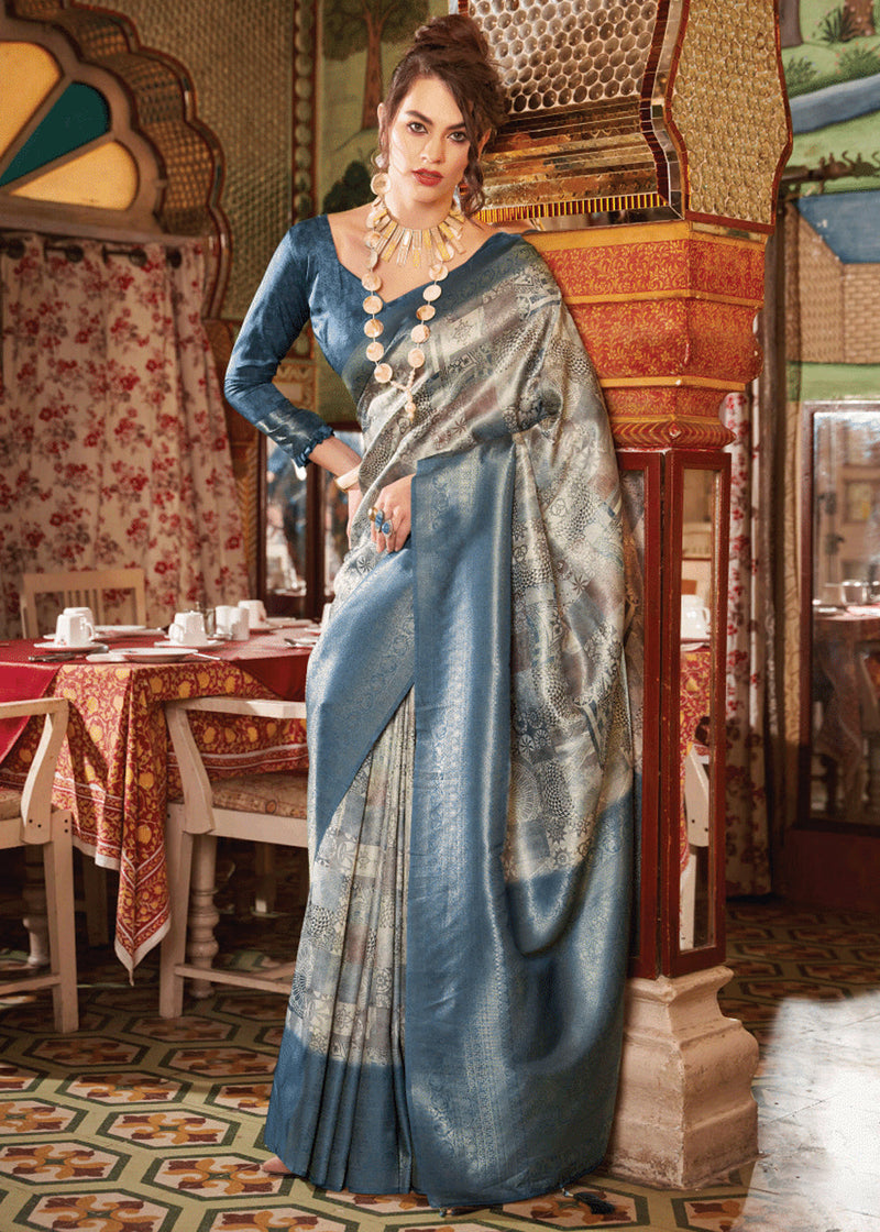 Midnight Blue Banarasi Silk Saree With Digital Print