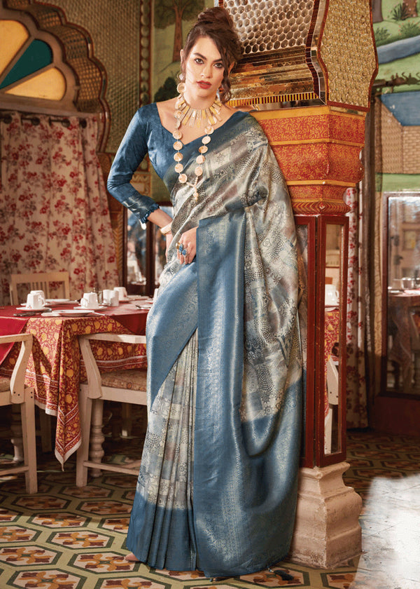 Midnight Blue Banarasi Silk Saree With Digital Print