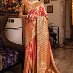 Orange Peach Woven Banarasi Brocade Tissue Silk Saree