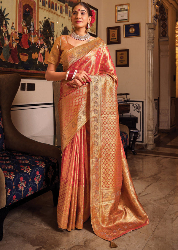 Orange Peach Woven Banarasi Brocade Tissue Silk Saree