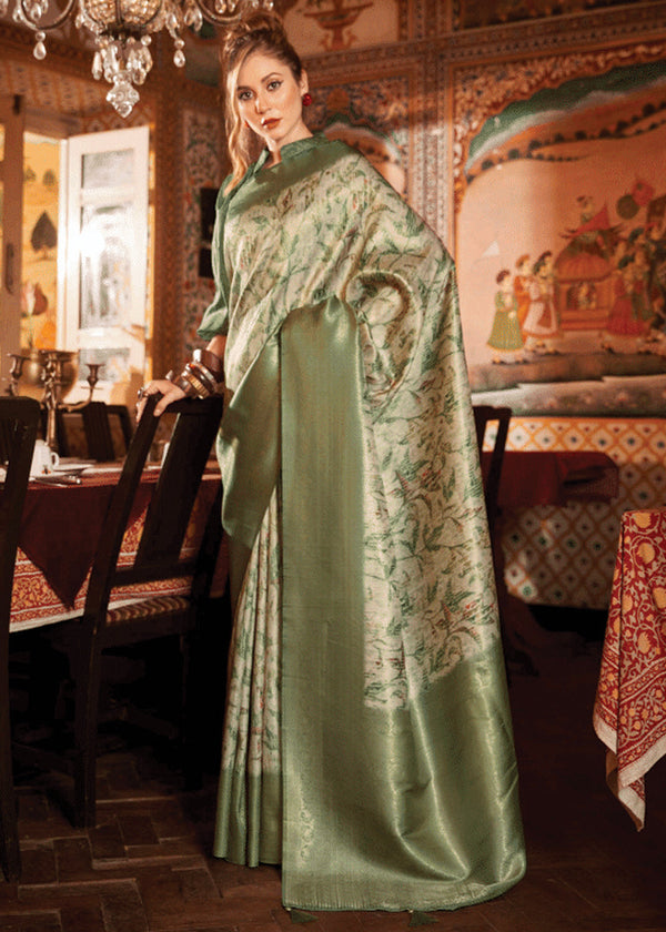 Olive Green Banarasi Silk Saree With Digital Print