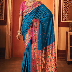 Coral Blue Woven Paithani Silk Saree