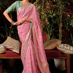 Delight Pink Woven Banarasi Silk Saree With Brocade Blouse