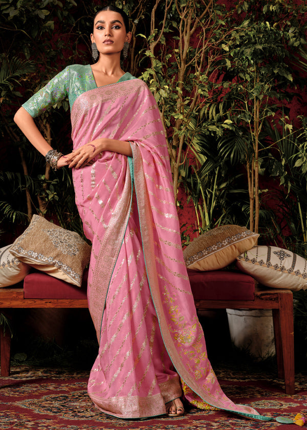 Delight Pink Woven Banarasi Silk Saree With Brocade Blouse