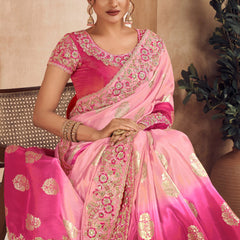 Dual Shaded Pink Heavy Embroidered Designer Silk Saree