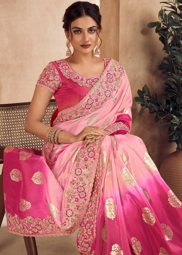Dual Shaded Pink Heavy Embroidered Designer Silk Saree