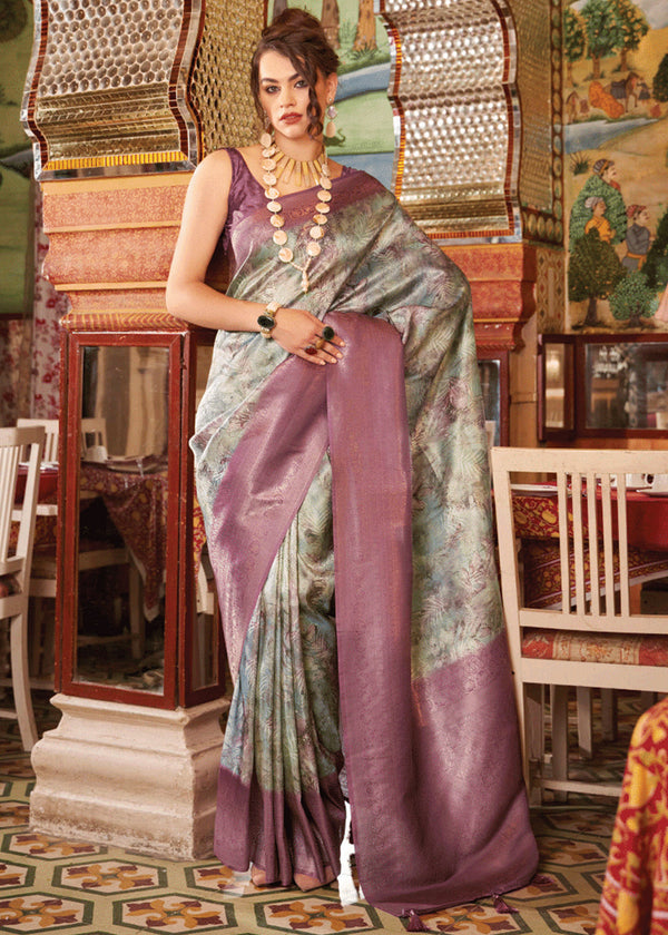 Mauve Purple Banarasi Silk Saree With Digital Print