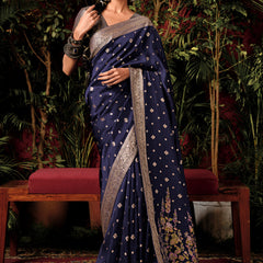 Twilight Blue Woven Banarasi Silk Saree With Brocade Blouse