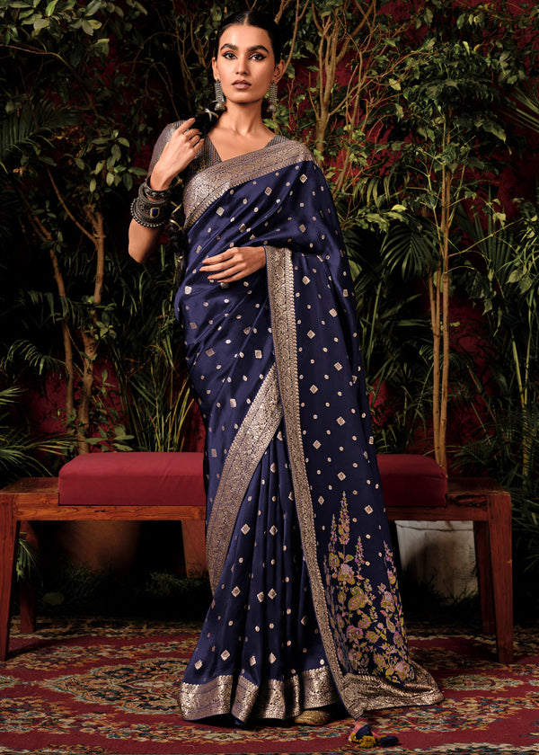 Twilight Blue Woven Banarasi Silk Saree With Brocade Blouse