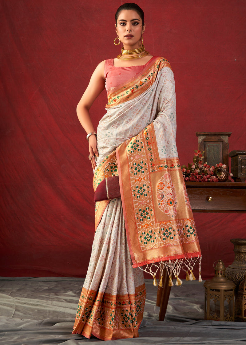 Antique White Woven Paithani Silk Saree
