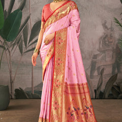 Baby Pink Woven Paithani Silk Saree