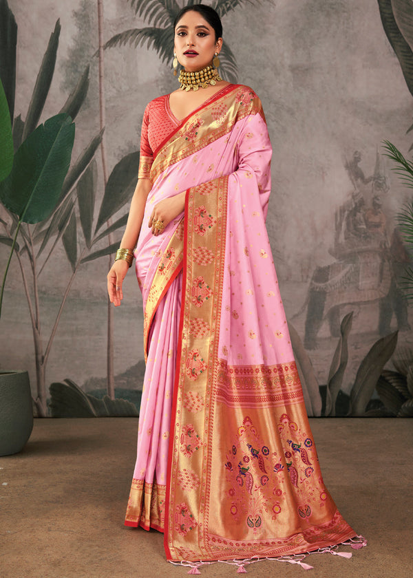 Baby Pink Woven Paithani Silk Saree