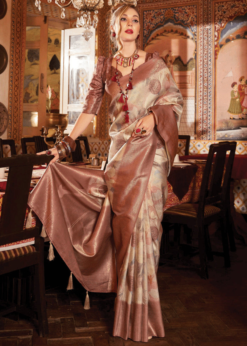 Chocolate Brown Banarasi Silk Saree With Digital Print