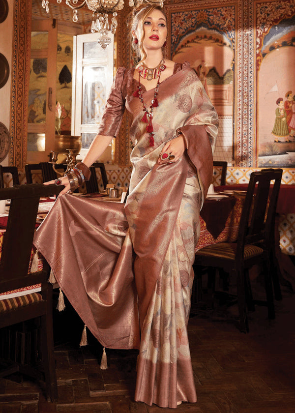 Chocolate Brown Banarasi Silk Saree With Digital Print
