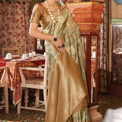Wood Brown Banarasi Silk Saree With Digital Print