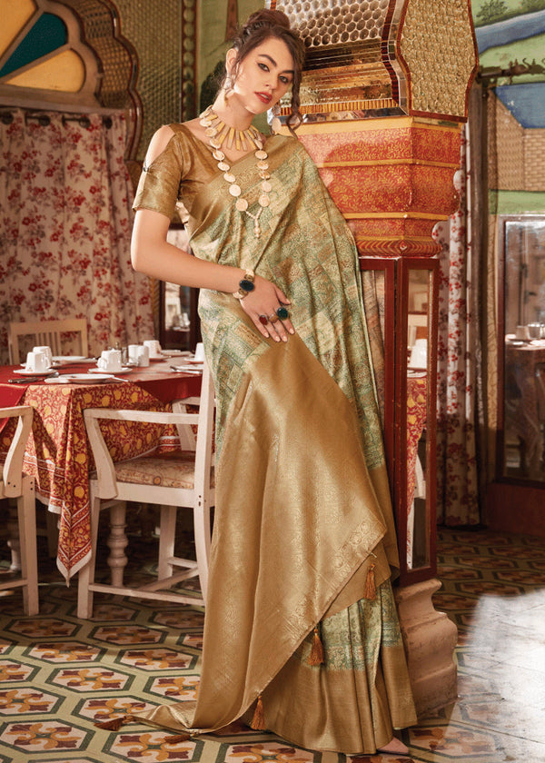 Wood Brown Banarasi Silk Saree With Digital Print