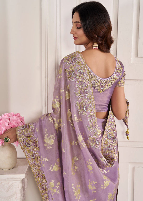 Soft Purple Heavy Embroidered Designer Silk Saree